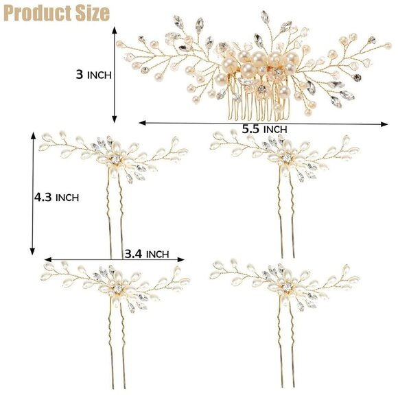 ?Women Gold Hair Comb and 4 Pins Bridal Pearl Crystal Wedding Hair Comb main image 6